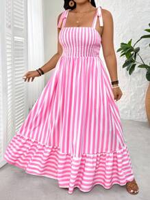 SHEIN Tall CURVE 大码女式度假细肩带条纹打结吊带连衣裙 - 粉色 - 查看 4