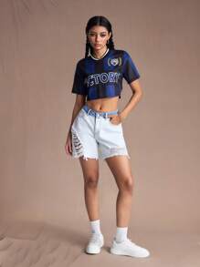 SHEIN EZwear Pantalones cortos de mezclilla rasgados con cintura de contraste de color para mujer, informal de verano