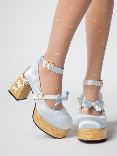 Kawaii Women's Blue High Heel Shoes, Y2K Sweet Bow Punk Gothic Lolita Strap Buckle Mary Jane JK Uniform Pumps