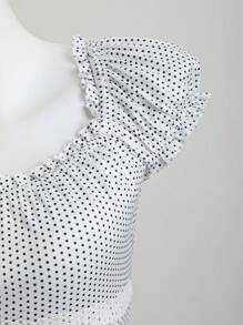 Sweetra Women's Summer Ruffled Round Neck Polka Dot Short Sleeve T-Shirt - White - View 4