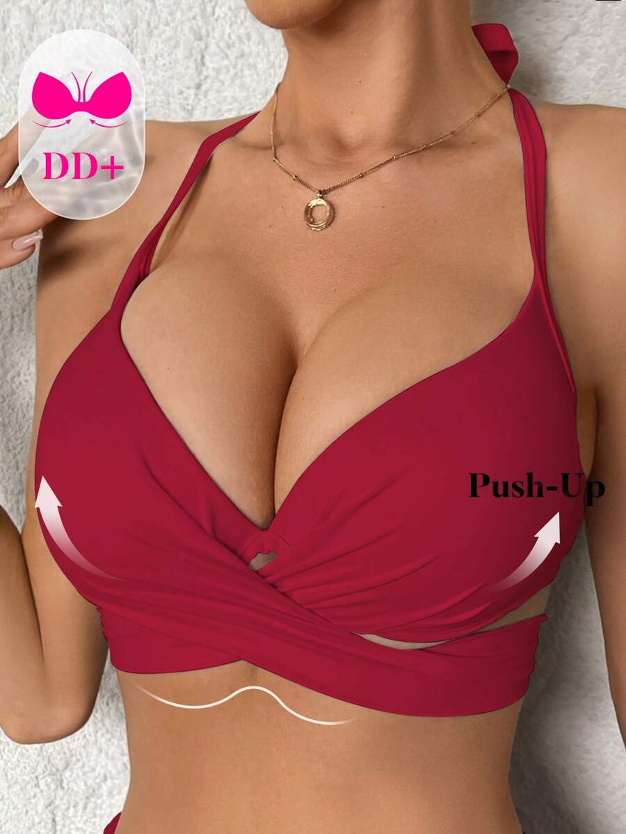 Swim DD+ Women's Summer Beach Solid Color Criss-Cross Design Bikini Top - Burgundy - View 1