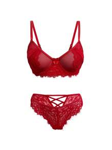 Charlaine Charlaine Conjunto de ropa interior y lencería elegante y sexy de unicolor con encaje (con aros)