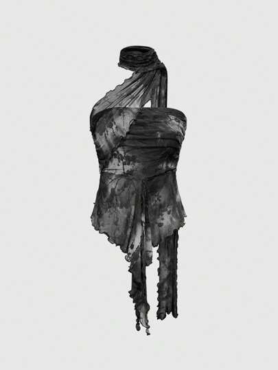 Grunge Punk Y2K Retro Sexy geraffter seitlich abnehmbarer Mesh-Schal Frauen Flock Bandeau Top