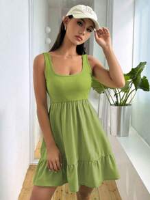 SHEIN Unity Women's Ribbed Patchwork Summer Dress, Fashion For Warm Season - Olive Green - View 3