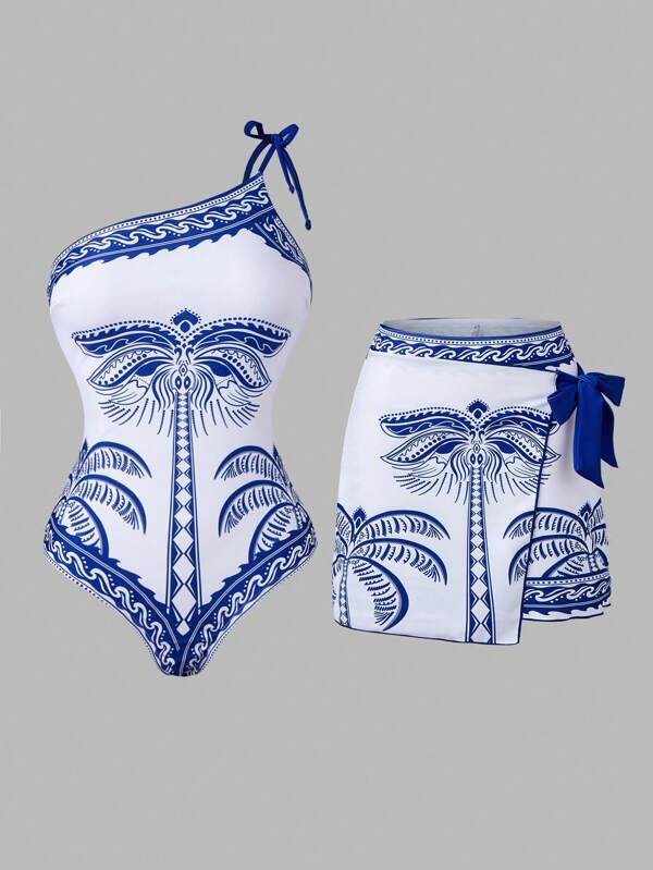 Swim Oasis Conjunto de Maiô Bikini Tankini Feminino Fashion 2Pcs 2025 - Maiô de Ombro Único Estampado com Árvores de Coco Azuis e Saia com Amarração na Cintura / Maiô Elegante Feminino / Roupa de Praia de Férias / Traje de Festa na Piscina