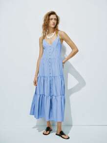 Lumivelle Women's Casual Solid Color Spaghetti Strap Dress, A-Line Silhouette, Suitable For Holiday, Elegant - Blue - View 4