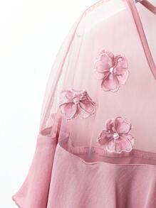 SHEIN Clasi Maglietta romantica per donne curvy e formose, scollo tondo, decorata con perle e fiori tridimensionali, fru-fru, rosa, adatta per uso casual quotidiano. Maglietta carina estiva, divertente, con perline, set estivo per donne, in vacanza, abbigliamento estivo per donne, per uscire, camicie da donna, magliette estive, maglietta rosa, camicia rosa