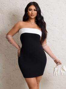 Viva Relle Vestido lindo de color contrastante con hombros descubiertos y moño - Blanco y Negro - Ver 6