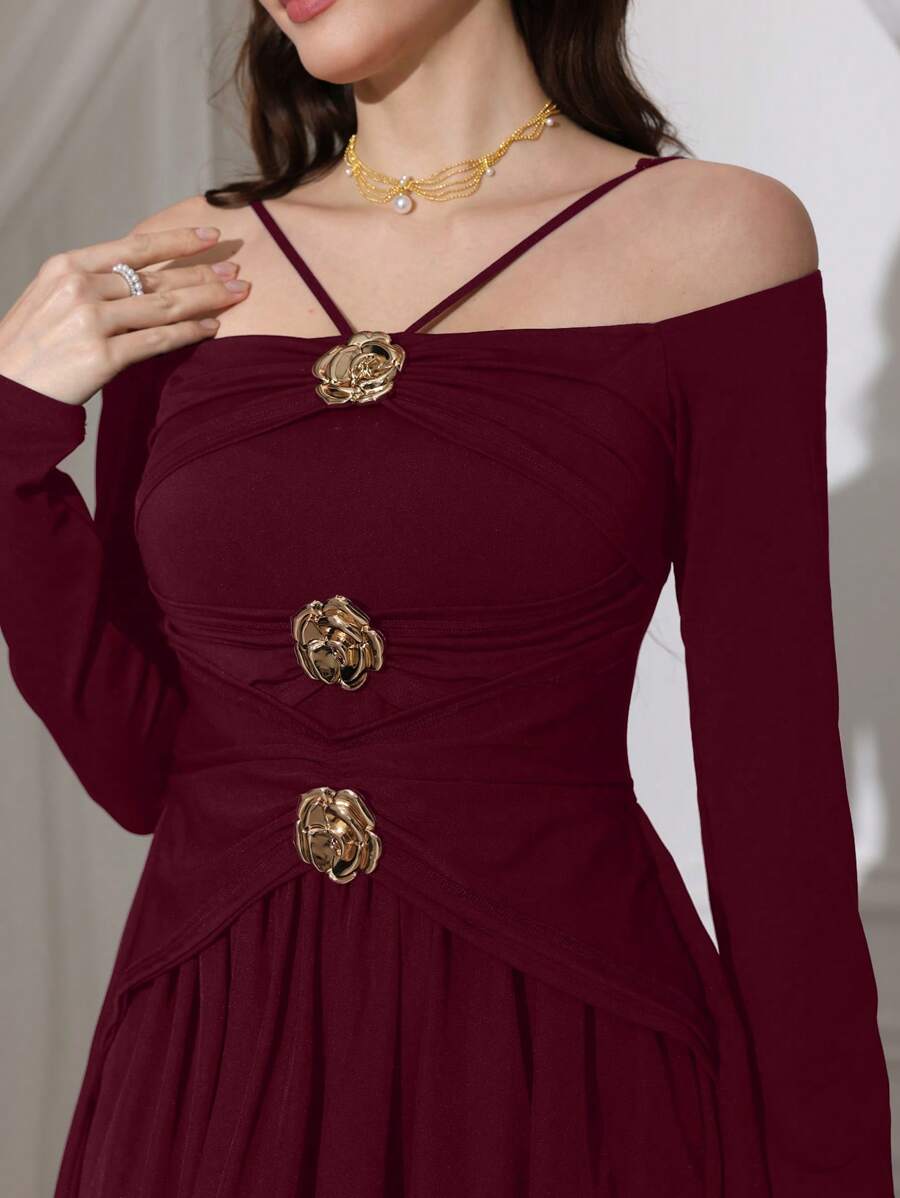 Modelyn 女士优雅花卉装饰束腰长裙 - 酒紅色 - 查看 1