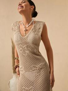 Bóhologie Vestido de punto tipo cover up para el verano con escote en V profundo, calado, ganchillo, bordado tono sobre tono y ajuste ceñido, con estilo bohemio de vacaciones