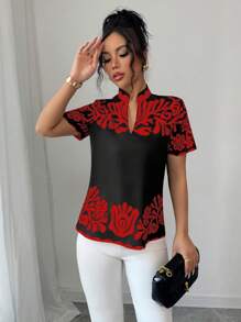 Elenzga Women's Short Sleeve Floral Print Notched V-Neck Fashion Blouse - Multicolor - View 6