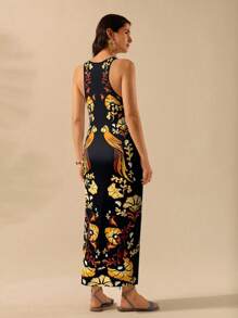 女式波西米亚风热带植物和鹦鹉蓝色印花无袖露背连衣裙，休闲海滩夏季连衣裙 - 彩色 - 查看 2