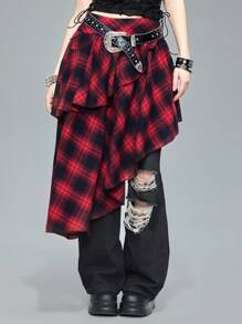 ROMWE Grunge Punk 嬉皮摇滚学院复古Y2K格子拼接不对称下摆多层拼接宽松A字女式韩流半身裙 - 酒紅色 - 查看 1