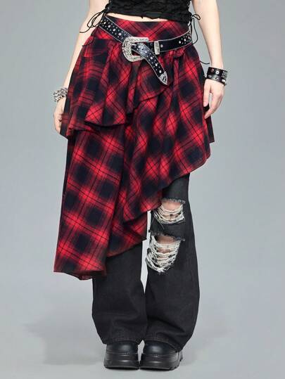 Grunge Punk Jupe ample à ligne A pour femme, patchwork avec multiple couche, ourlet asymétrique, style vintage années 2000, hippie rock college