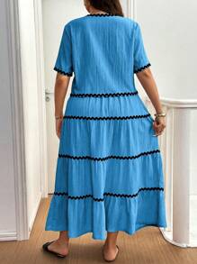 Flirla Plus Size Women 2pcs Set Colorblock Trim V-Neck Short Sleeve Tie Front Blouse And Ruffle Hem Mini Skirt - Blue - View 2