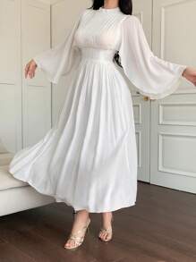 DAZY Solid Color Stand Collar Pleated Ruffle Sleeve Mid-Calf Dress For Women Business Attire - White - View 4