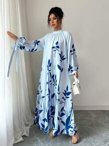 Elenzga Women's Long Necktie Sleeve Floral Print Dress Fall Cloth For Women - Baby Blue - View 5