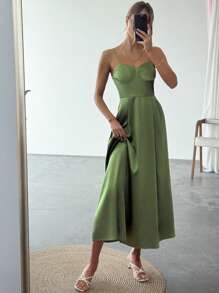 Firerie Spring/Summer New Arrival Elegant Woman's Green Stain Elegant V-Neck Waist Coat Details Long Dress, Sexy And Elegant Party Dress, Sisters Evening Dress, Ladies Long Dress Satin Women Outfit.