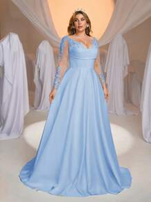 Aureia Plus Size Elegant Luxurious Sheer Long Sleeve Dress, Featuring Crystal Pearl Embroidery, Lace, Mesh And Satin Panels, Large Flare Hem, Ideal For Wedding, Engagement Party, Honeymoon, Bride