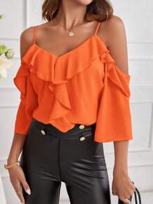 SHEIN Clasi Ladies Solid Color Off Shoulder Ruffle Trim Spring Shirt Off The Shoulder Top - Orange - View 5