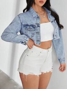 SHEIN EZwear Casual Washed Distressed Raw Hem Cropped Denim Jacket - Light Wash - View 5