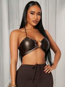 SHEIN SXY 春夏街头休闲日常舒适性感夜店浅棕色高弹力 PU 涂层超剪裁露背上衣配五金饰边