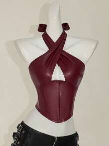 SHEIN ICON Women's Burgundy PU Leather Halter Criss Cross Crop Top: Asymmetrical Hem, Stylish And Edgy Cami For A Night Out