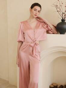 法式优雅缎面系带魅力女士睡衣套装 - 藕粉色 - 查看 6
