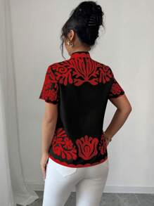 Elenzga Women's Short Sleeve Floral Print Notched V-Neck Fashion Blouse - Multicolor - View 2