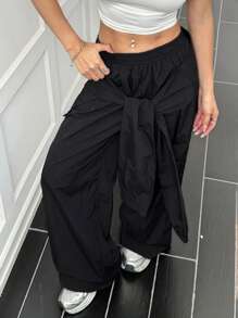 SHEIN EZwear Women's Solid Color Elastic Waist Tied Straight Leg Casual Pants - Black - View 5