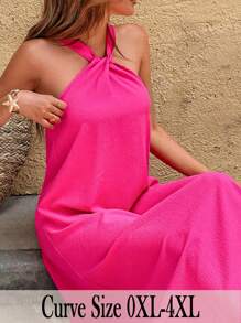 SHEIN VCAY Vestido holgado sin mangas de línea A en color fucsia, adecuado para vacaciones de verano, atuendo de fiesta en la piscina. Ropa de mujer de estilo bohemio chic, apropiada para brunch, viajes en avión, vacaciones en la playa, escapadas urbanas, vacaciones de verano europeas e insulares, luna de miel, vestido rosa o rosa intenso - Rosa Fucsia - Ver 3