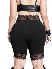 Whyspr Casual Punk Plus Size High Waisted Elastic Solid Color Contrast Lace Leggings - Black - View 2