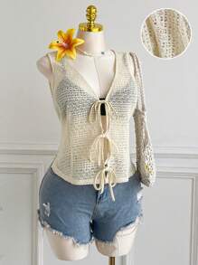 Comfortcana Plus Size Casual Resort Crochet Mesh Bow Decorated Shirt - Beige - View 1