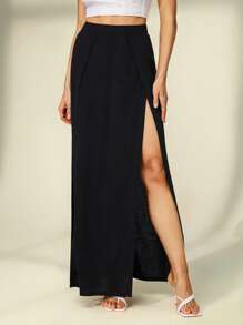 SHEIN Tall Falda negra de verano para mujer con abertura lateral - Negro - Ver 6