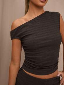 SHEIN BAE 2pcs Summer Set: Coffee Color Asymmetric Asymmetrical Shoulder Jacquard Knit Top And Comfortable Knit Pocket Wide Leg Pants, Suitable For Stylish Street Wear, Beach Vacation, Italian Holiday, Going Out, Cruise Outfits, Brunch Outfits, Ibiza Outfits - Brown - View 7