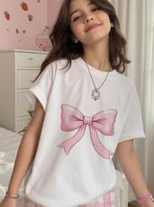 SHEIN Leap Crew Tween 女童休闲简约蝴蝶结图案圆领短袖短裤睡衣套装，适合夏季 - 彩色 - 查看 3