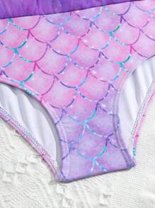 1 pieza Traje de baño de una sola pieza con estampado de escamas de pez, drapeado y parches de malla para niñas jóvenes - Multicolor - Ver 4