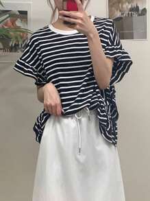 FRIFUL 女士宽松条纹撞色荷叶边拼布T恤