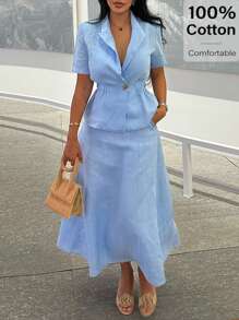 Siren Gaze 2pcs/Set Women Solid Color Short Sleeve Shirt And Pencil Skirt Summer Casual Blue - Baby Blue - View 4