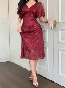 DAZY Women's Sequined V-Neck Empire Waist Dress, Elegant Long Formal Gown For Party Prom Dress