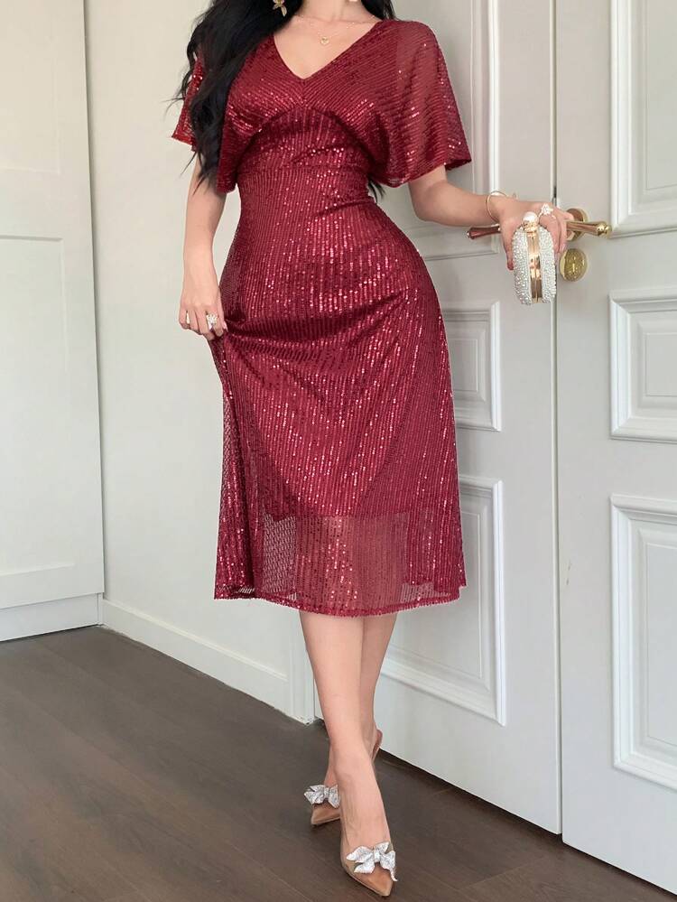 Women's Sequined V-Neck Empire Waist Dress, Elegant Long Formal Gown For Party Prom Dress New Year Eve Dress Carnival Sparkly Dress Maxi Dress