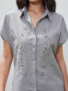 Aveloria Modichic New Stylish Business/Leisure Commute Elegant Vintage Hollowed-Out Contrast Embroidery Drop Shoulder Sleeve Lapel Button Shirt & Loose Wide Leg Pants Two Pieces Set For Women