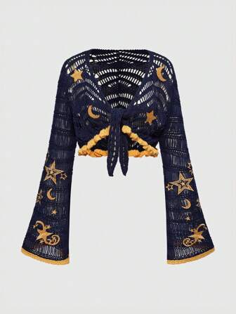 Hippie Women's Hippie Boho Moon & Star Embroidery Crochet Flare Sleeve Cardigan