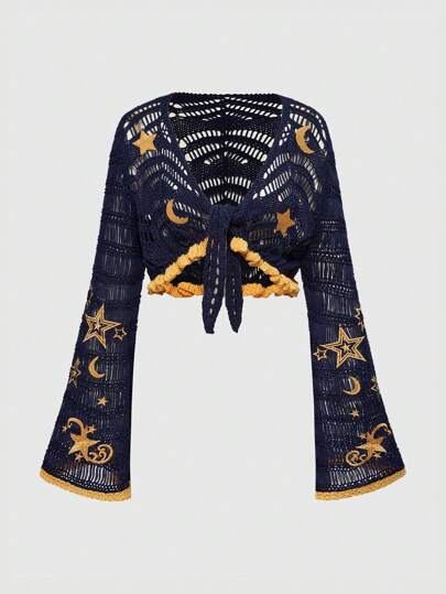 Hippie كارديجان بأكمام جرس مطرز بالقمر والنجوم على طراز بوهو هيبي للسيدات