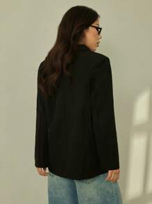 SHEIN PETITE Young Women Casual Grey Textured Oversized Long Sleeve Loose Blazer For Commuting Autumn Winter Clothes For Women - Black - View 2