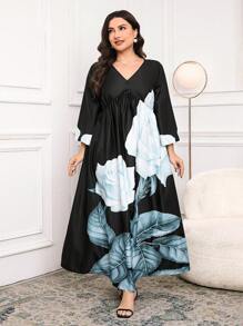 Modelyn Vestido holgado de manga 3/4 con cuello en V y estampado floral, para uso en vacaciones, talla grande para mujer - Multicolor - Ver 5