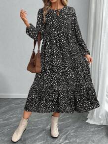 EMERY ROSE Women Ditsy Floral Tie Collar Ruffle Hem Dress - Black - View 4