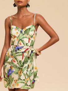 Travachic Vacation Casual Tropical Print Tie-Up Wrap Cami Mini Dress,Summer,Summer Outfits For Women,Beachwear,Easter,Beach Outfits For Woman,Vacation Outfits Women,Concert Outfit Women,BOHO,Music Festival,Tropical Vacation Woman Clothes,Romantic,Summer Dresses For Women,Bohemian Clothes - Green - View 1