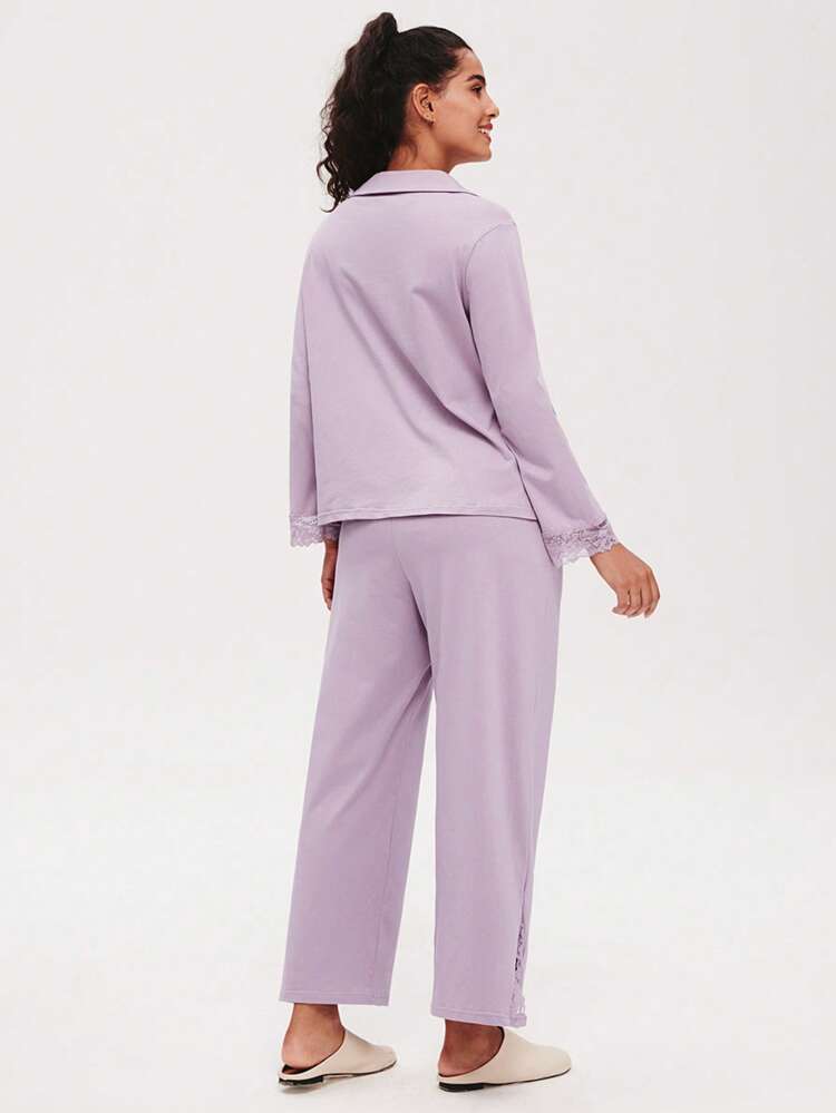 Miękka, 100% czysta bawełna, koronkowa, elegancka, zapinana na guziki bluzka i spodnie, komplet piżamowy, spodnie z kieszeniami, ubrania na wiosnę i lato, bawełniana piżama