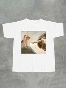 Glimmora Women's Casual Cat Print Round Neck T-Shirt, Summer - White - View 1